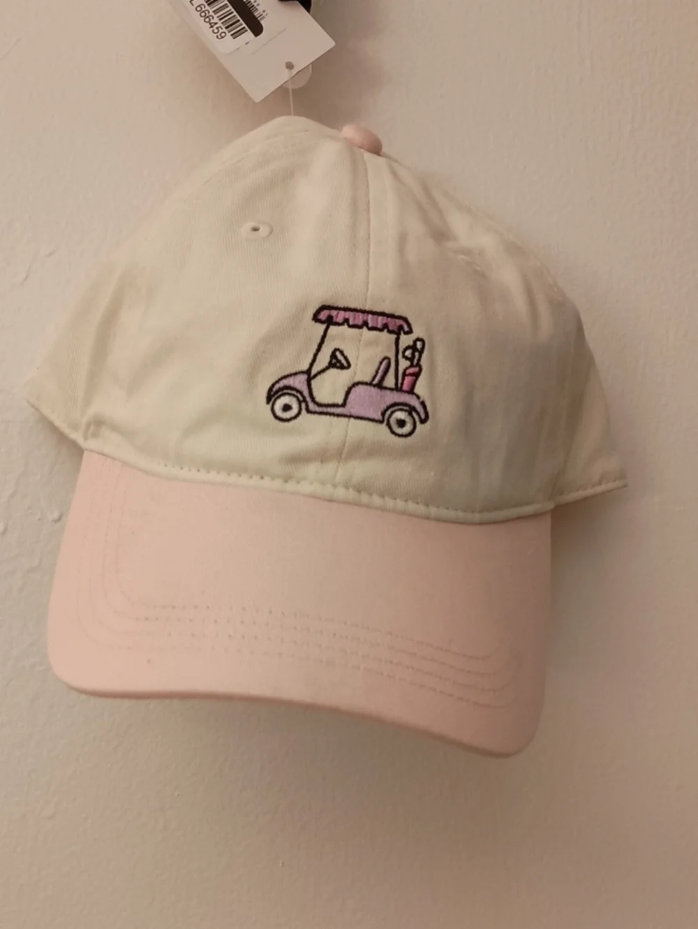 Cream and Pink Embroidered Golf Cart Baseball Hat